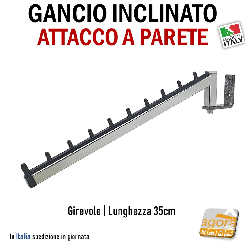 GANCIO INCLINATO BROCHE ATTREZZATURA NEGOZIO 35 CM CROMATO ATTACCO A PARETE MURO