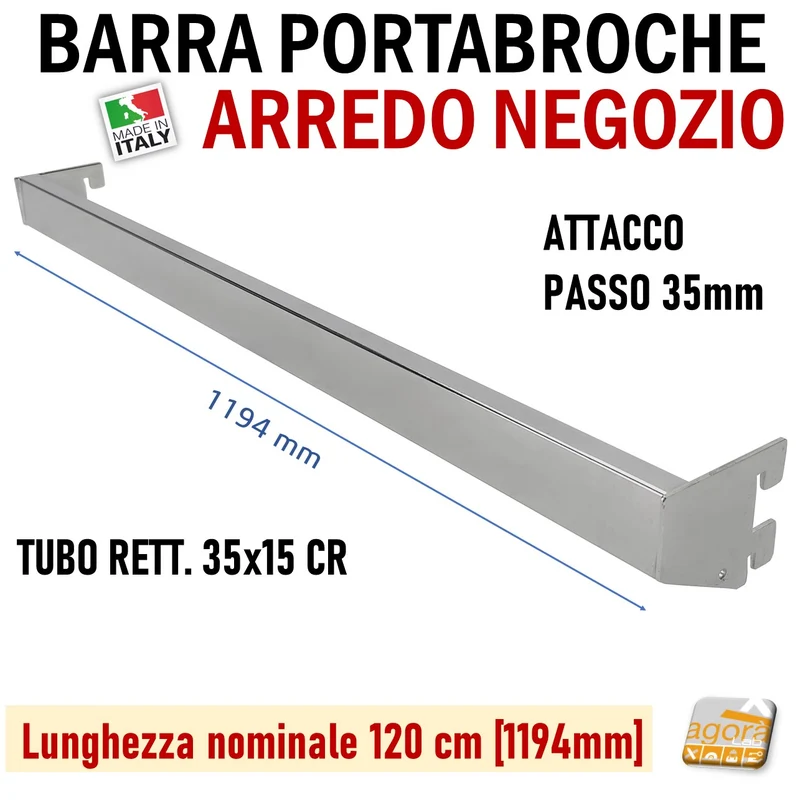 BARRA PORTABROCHE X CAVETTATO P35 TUBO RETT 35X15 CROMO L 60-85-120cm PORTA GANCI ATTREZZATURA PARETE NEGOZIO
