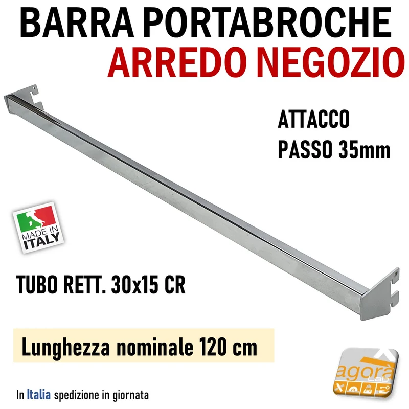 BARRA PORTABROCHE X CAVETTATO P35 TUBO RETT 30X15 CROMO L 60-85-120cm PORTA GANCI ATTREZZATURA PARETE NEGOZIO