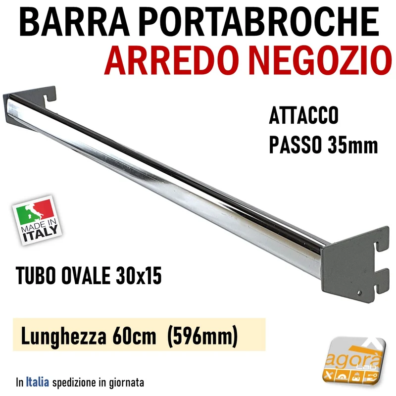 BARRA PORTABROCHE X CAVETTATO P35 TUBO OVALE 30X15 CROMO L 60cm PORTA GANCI ATTREZZATURA PARETE NEGOZIO
