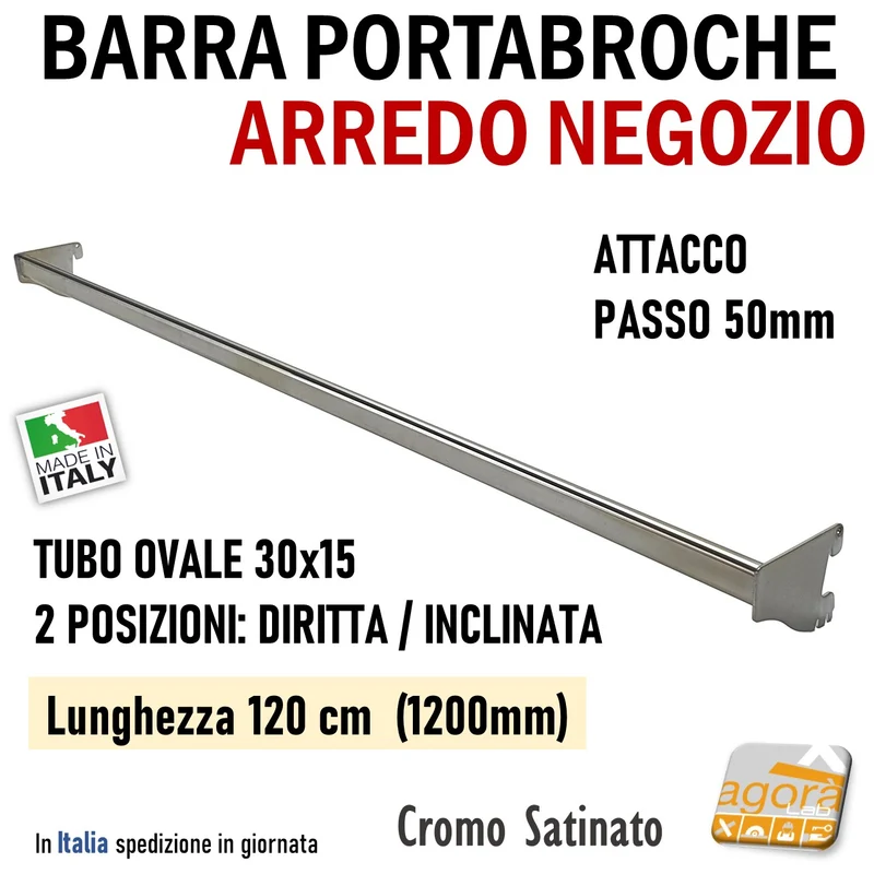 BARRA PORTABROCHE X CAVETTATO P50 TUBO OVALE 30x15 CR SAT L 120cm PORTA GANCI ATTREZZATURA PARETE NEGOZIO