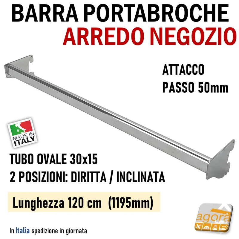BARRA PORTABROCHE X CAVETTATO P50 TUBO OVALE 30x15 CR L 120cm PORTA GANCI ATTREZZATURA PARETE NEGOZIO