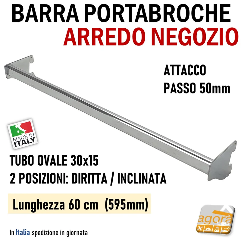 BARRA PORTABROCHE X CAVETTATO P50 TUBO OVALE 30x15 CR L 60cm PORTA GANCI ATTREZZATURA PARETE NEGOZIO