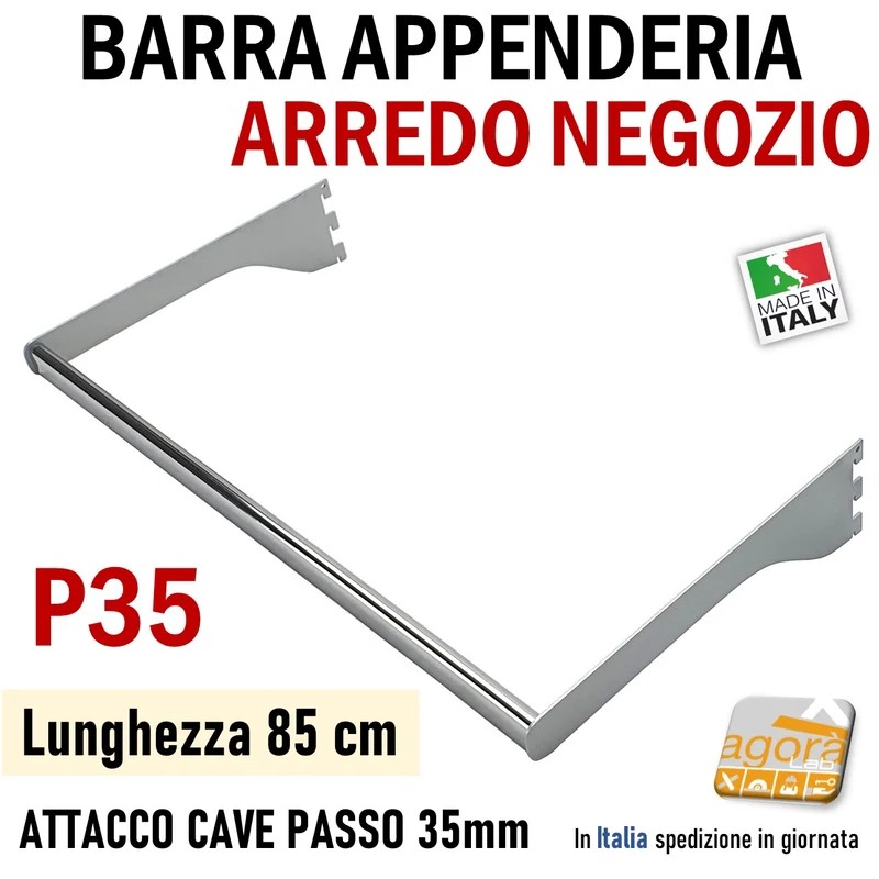 BARRA APPENDERIA X CAVETTATO P35 CROMO L 85cm APPENDIABITI PORTA ABITI ATTREZZATURA PARETE NEGOZIO
