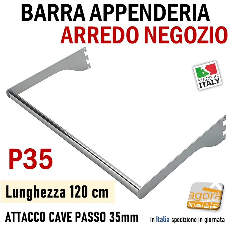 BARRA APPENDERIA X CAVETTATO P35 CROMO L120cm APPENDIABITI PORTA ABITI ATTREZZATURA PARETE NEGOZIO