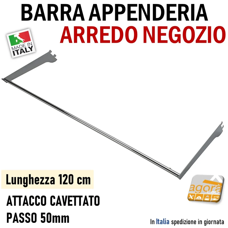 BARRA APPENDERIA X CAVETTATO P50 CROMO L120cm APPENDIABITI PORTA ABITI ATTREZZATURA ARREDO PARETE NEGOZIO