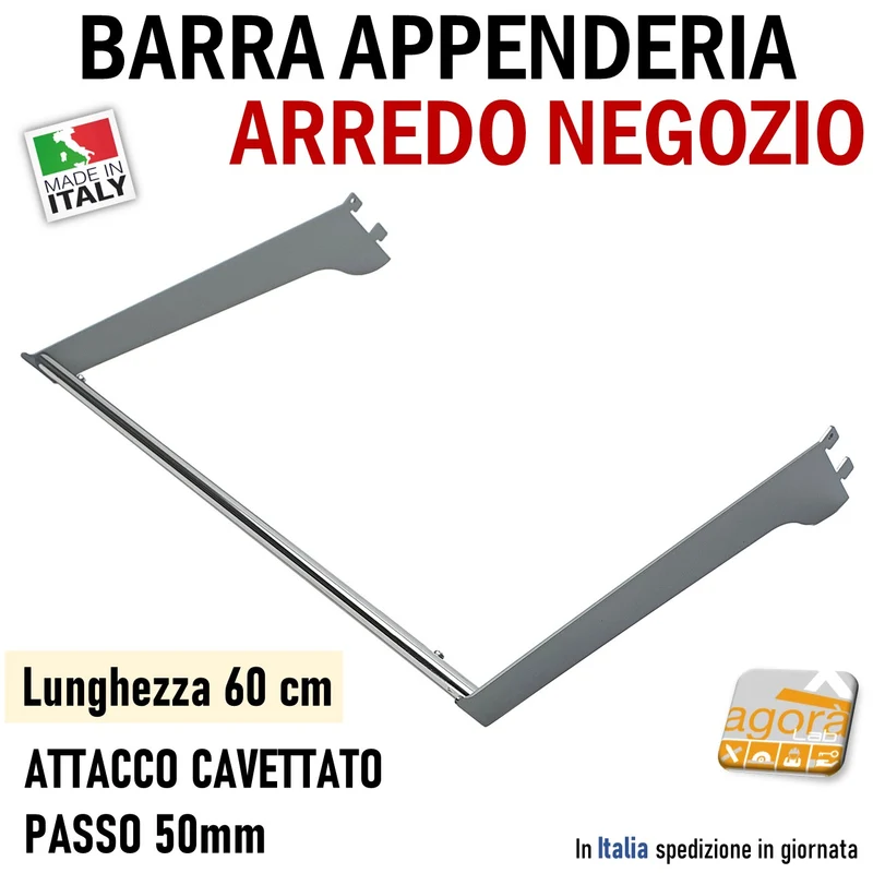BARRA APPENDERIA X CAVETTATO P50 CROMO L 60cm APPENDIABITI PORTA ABITI ATTREZZATURA PARETE NEGOZIO