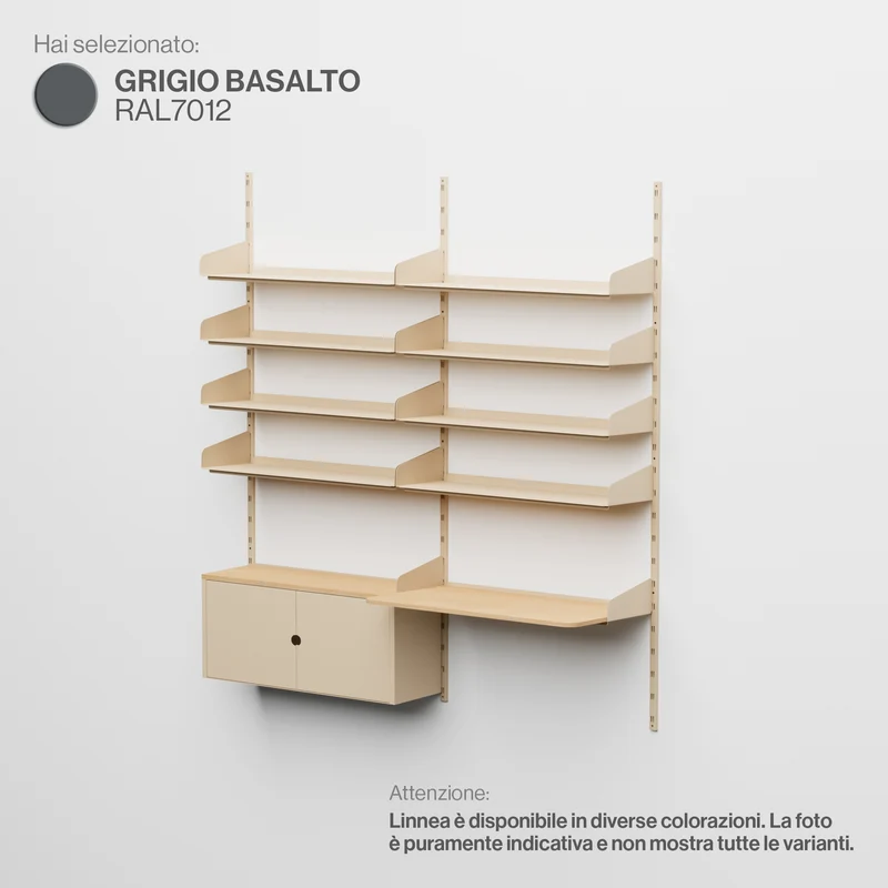 Linnea - Sistema Modulare a Parete -con 8 Mensole da 90 cm, 1 Modulo Contenitore e Scrivania Sospesa, campata doppia - Grigio Basalto (RAL7012)