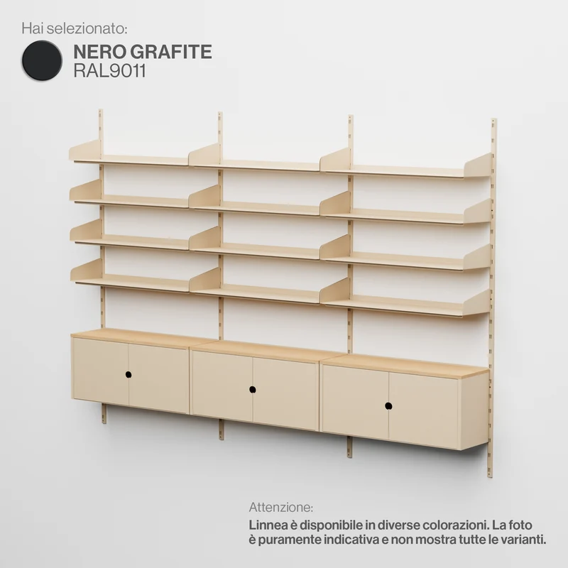 Linnea - Sistema Modulare a Parete - 12 Mensole 90 cm e 3 Moduli Contenitore, Campata Tripla - Nero Grafite (RAL9011)