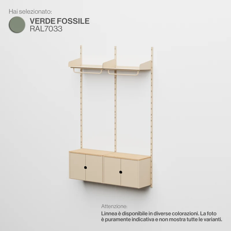 Linnea - Sistema Modulare a Parete con 2 barre appendiabiti e 2 moduli contenitore, campata doppia (larghezza 60 cm) - Verde Fossile