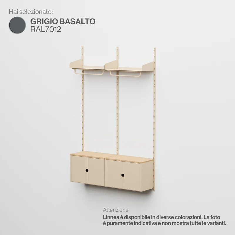 Linnea - Sistema Modulare a Parete con 2 barre appendiabiti e 2 moduli contenitore, campata doppia (larghezza 60 cm)- Grigio Basalto