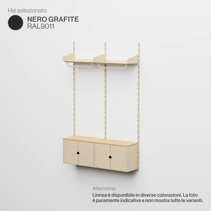 Linnea - Sistema Modulare a Parete con 2 barre appendiabiti e 2 moduli contenitore, campata doppia (larghezza 60 cm) - Nero Grafite