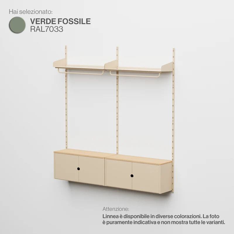 Linnea - Sistema Modulare a Parete con 2 barre appendiabiti e 2 moduli contenitore, campata doppia (larghezza 60 cm) - Verde Fossile
