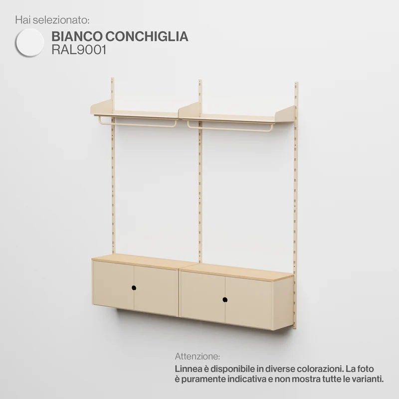 Linnea - Sistema Modulare a Parete con 2 barre appendiabiti e 2 moduli contenitore, campata doppia (larghezza 90 cm) - Bianco Conchiglia