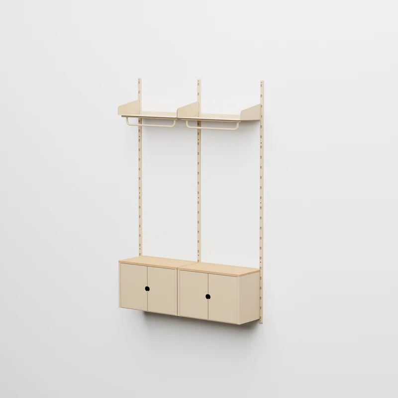 Linnea - Sistema Modulare a Parete con 2 barre appendiabiti e 2 moduli contenitore, campata doppia (larghezza 60 cm) - Beige Luxor
