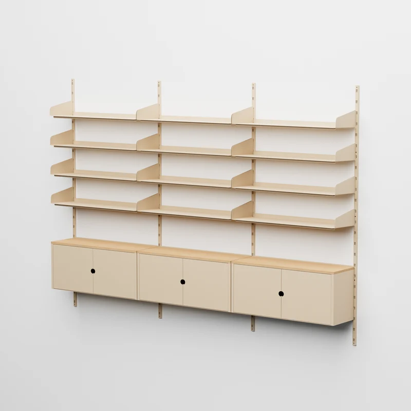 Linnea - Sistema Modulare a Parete - 12 Mensole 90 cm e 3 Moduli Contenitore, Campata Tripla- Beige Luxor (COD01183)