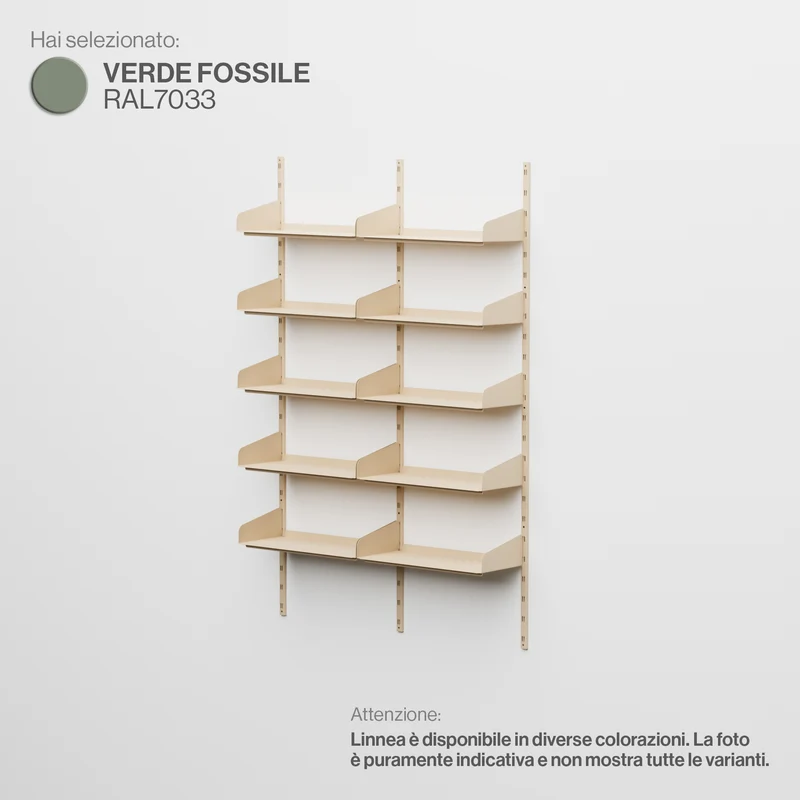Linnea - Sistema Modulare a Parete con 10 mensole da 60 cm, campata doppia - Verde Fossile (RAL7033)