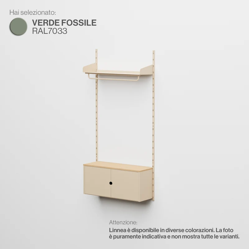 Linnea - Sistema Modulare a Parete con Barra Appendiabiti e Modulo Contenitore, campata singola (larghezza 90 cm) - Verde Fossile (RAL7033)
