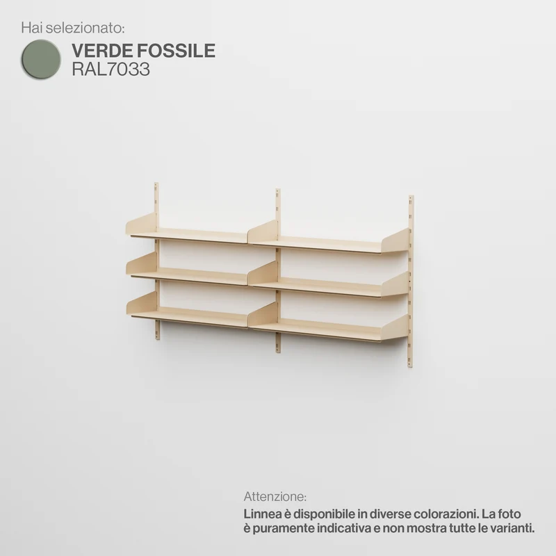Linnea - Sistema Modulare a Parete con 6 mensole da 90 cm, campata doppia - Verde Fossile (RAL7033)