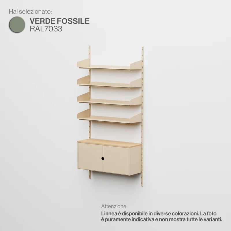 Linnea - Sistema Modulare a Parete con 4 mensole 90 cm e modulo contenitore, campata singola - Verde Fossile (RAL7033)