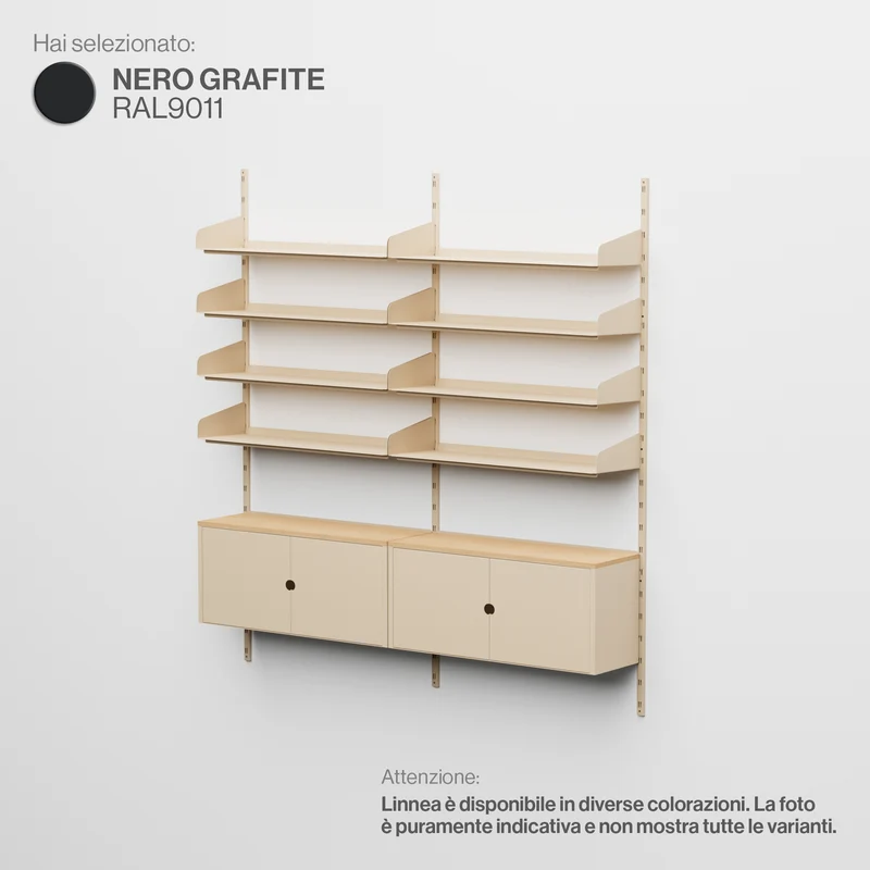 Linnea - Sistema Modulare a Parete - 8 Mensole 90 cm e 2 Moduli Contenitore, Campata Doppia - Nero Grafite (RAL9011)