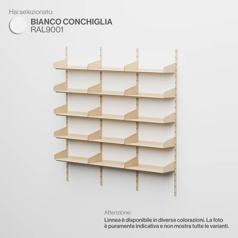 Linnea - Sistema Modulare a Parete 15 mensole da 60 cm, campata tripla - Bianco Conchiglia (RAL9001)