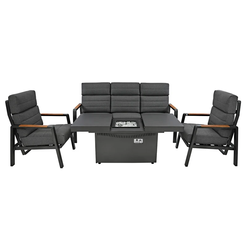 Set Giardino Alluminio 5 Posti con Tavolo Braciere e Poltrone Relax