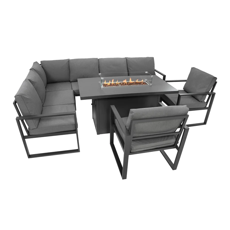 Set Mobili da Giardino in Alluminio 7 Posti con Tavolo Fire Pit Integrato