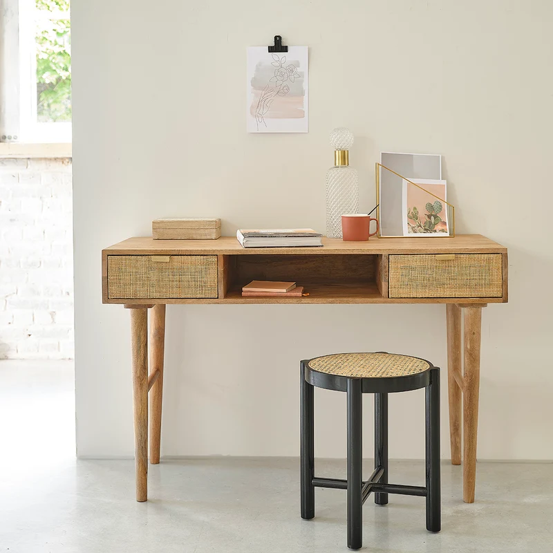 Scrivania in mango massello e midollino 120 cm