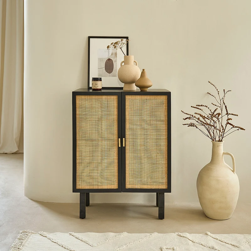 Credenza in mango massello nero e midollino 68 cm