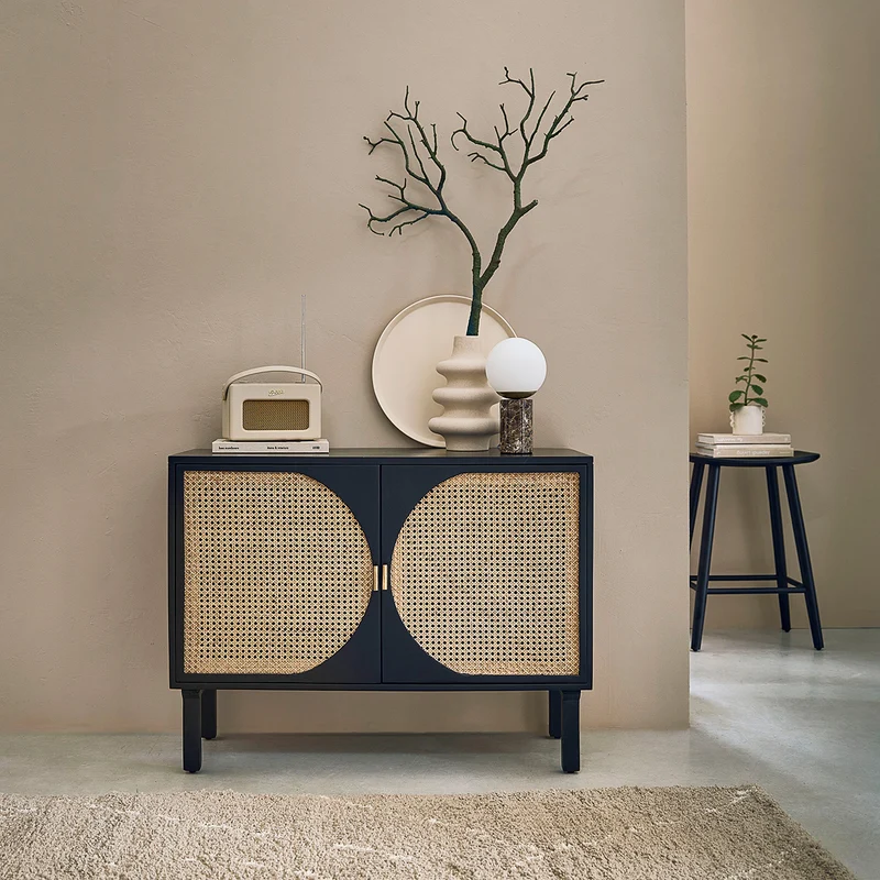 Credenza in mango massello nero e midollino 100 cm