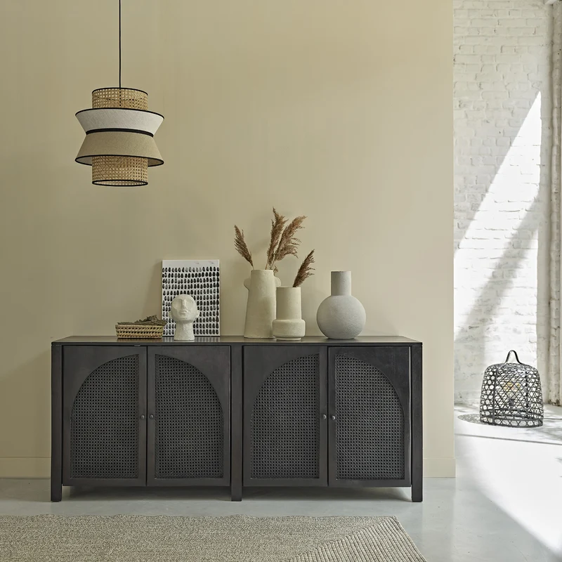 Credenza in mango massello e midollino nero 175 cm