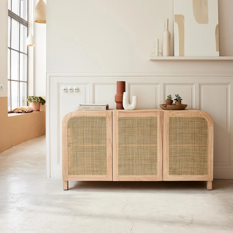 Credenza in mindi massello e cannage 150 cm