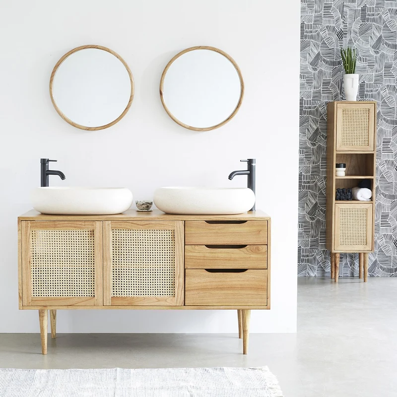 Mobile per lavabo in mindi massello e cannage 135 cm