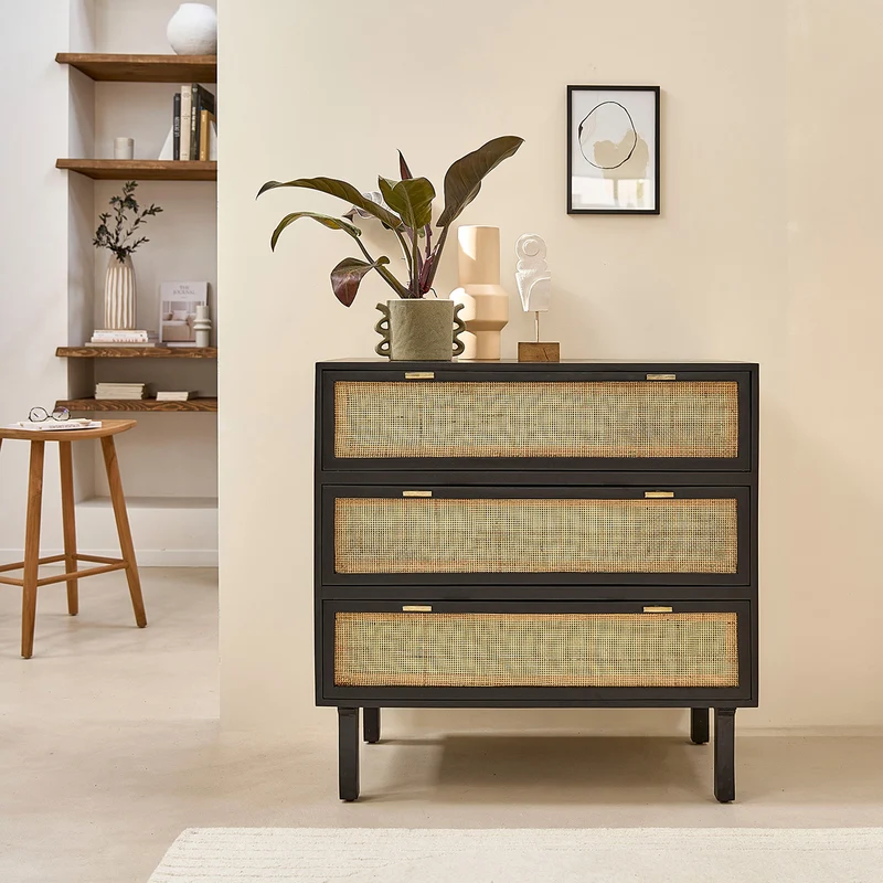 Cassettiera in mango massello e midollino nero 90 cm