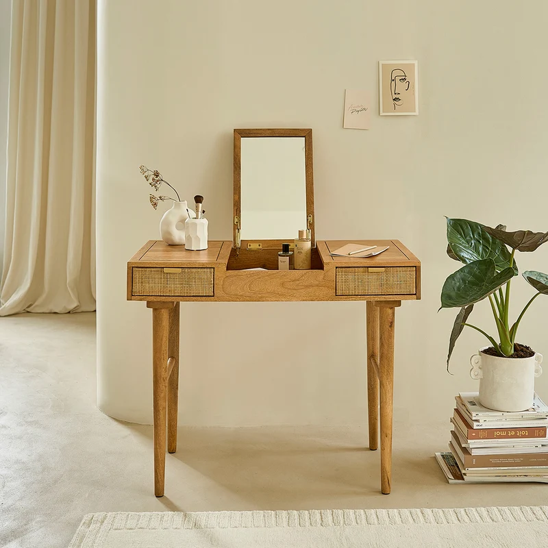 Tavolino da toilette in mango massello e midollino 90 cm