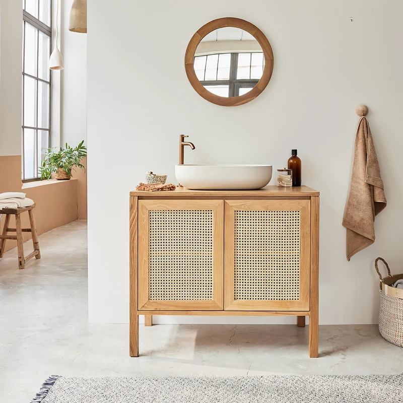 Mobile per lavabo in teak massello e cannage 90 cm