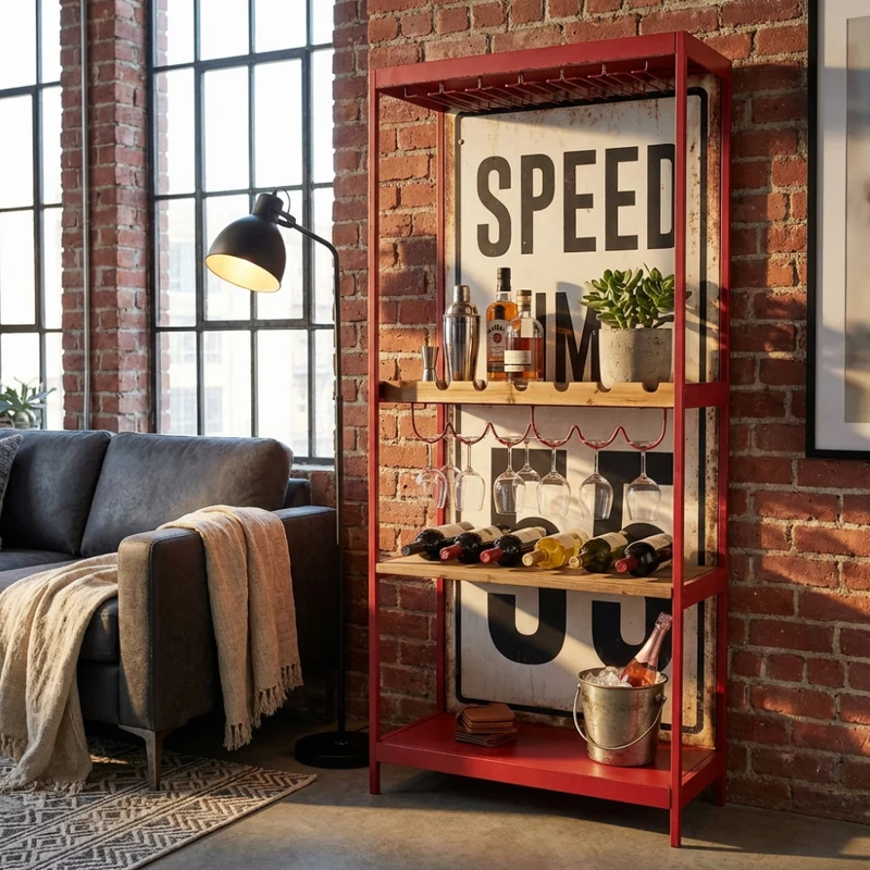 Mobile Bar Clayton in Metallo Rosso e Legno