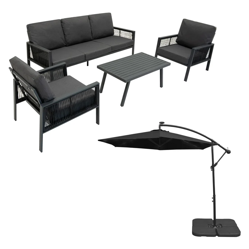 Set di divani 4 pezzi antracite con ombrellone e base neri