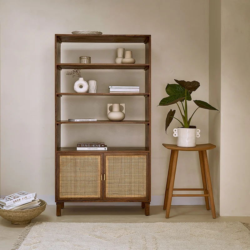 Libreria in mango e midollino finitura e noce 170 cm
