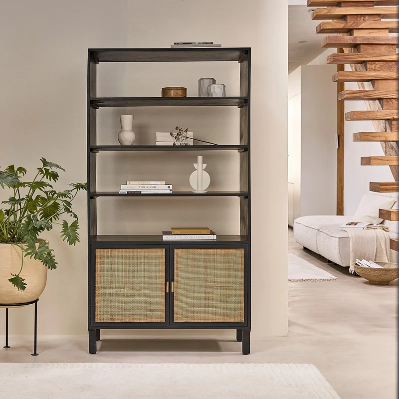 Libreria in di mango massello nero e midollino 170 cm