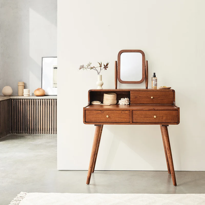 Tavolino da toilette scrivania in mindi massello con finitura in noce 90 cm