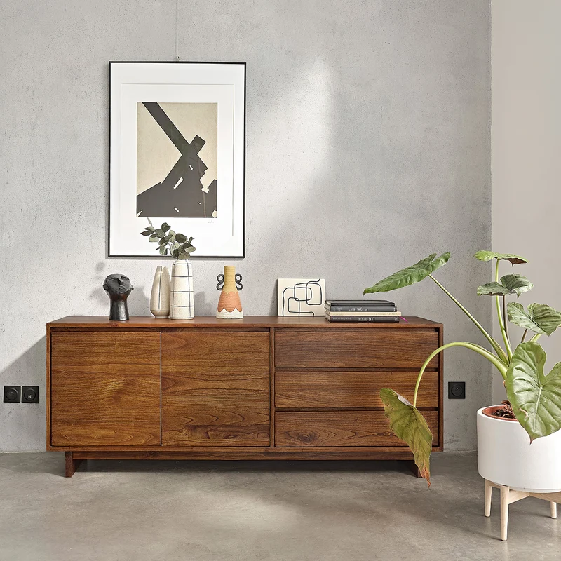 Cassettiera in mindi massello, finitura in noce, 180 cm
