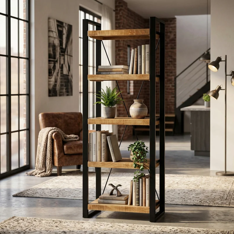 Libreria Alberic in Legno di Mango e Metallo Nero