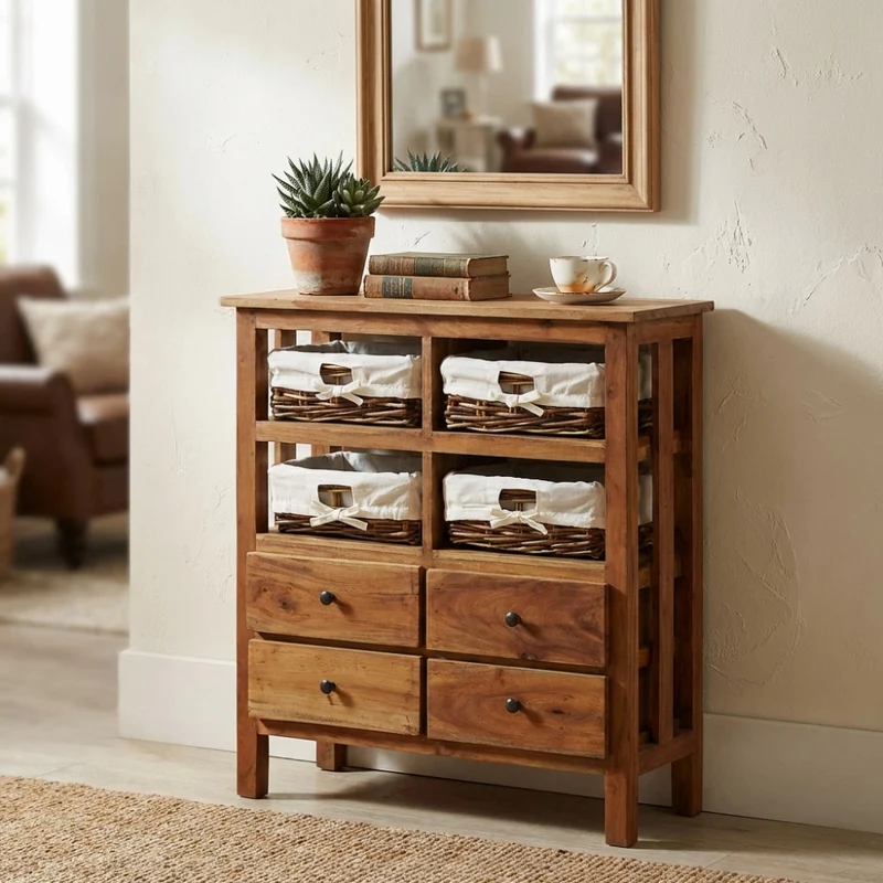 Mobiletto Sterling in Legno Riciclato e Rattan