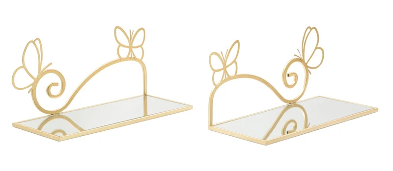 Comodino Mensola Butterfly Coppia 41,5x18x21 cm in Ferro e MDF e Specchio Oro