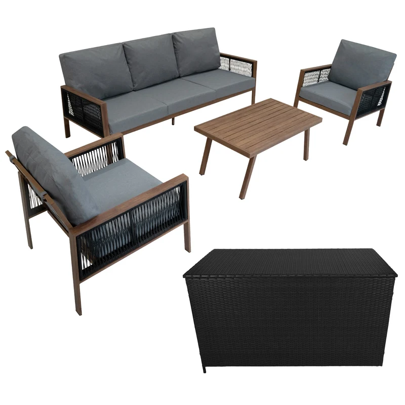 Set da Giardino in Alluminio 4 Pezzi con Cassapanca in Rattan Nero – Effetto Legno