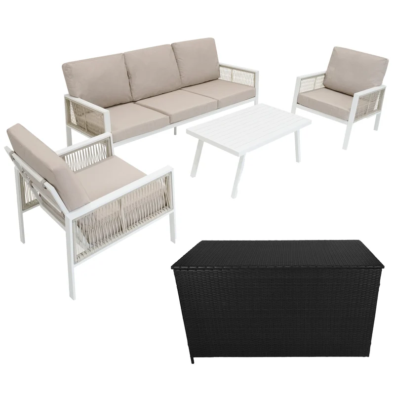 Set da Giardino in Alluminio 4 Pezzi con Cassapanca in Rattan Nero – Bianco