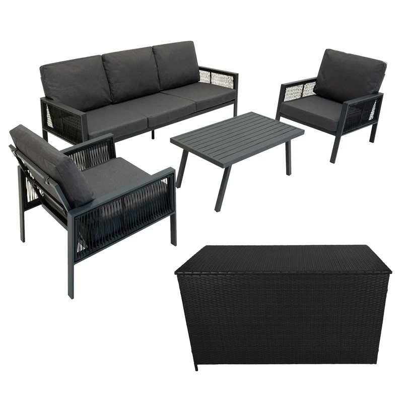 Set da Giardino in Alluminio 4 Pezzi con Cassapanca in Rattan Nero – Grigio Antracite