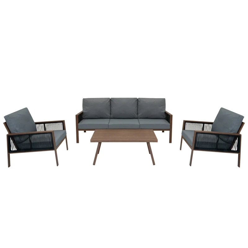 Set Divano da Giardino 4 Pezzi in Alluminio – Effetto Legno